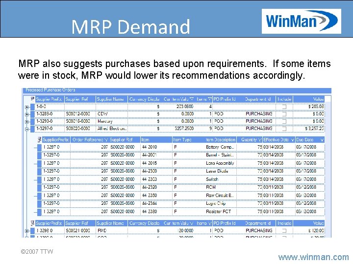 MRP Demand MRP also suggests purchases based upon requirements. If some items were in