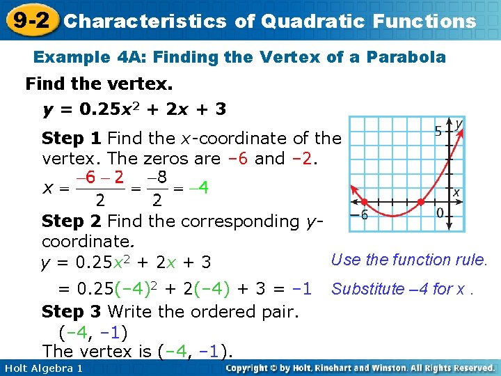 9 -2 Characteristics of Quadratic Functions Example 4 A: Finding the Vertex of a