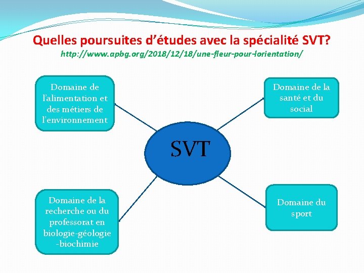 Quelles poursuites d’études avec la spécialité SVT? http: //www. apbg. org/2018/12/18/une-fleur-pour-lorientation/ Domaine de la