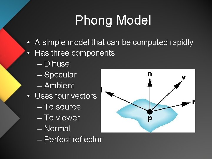 Phong Model • A simple model that can be computed rapidly • Has three