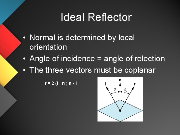 Ideal Reflector • Normal is determined by local orientation • Angle of incidence =