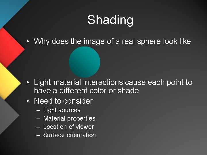 Shading • Why does the image of a real sphere look like • Light-material