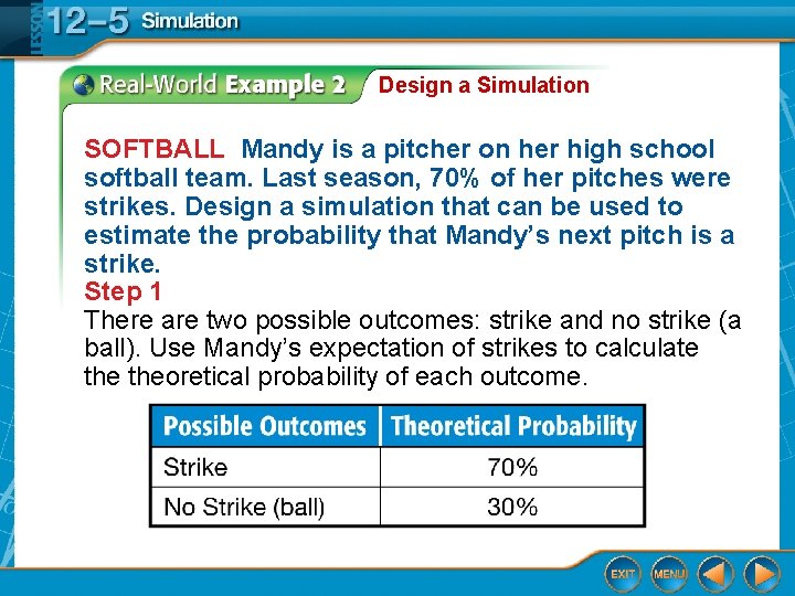 Design a Simulation SOFTBALL Mandy is a pitcher on her high school softball team.
