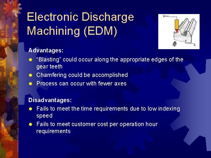 Electronic Discharge Machining (EDM) Advantages: “Blasting” could occur along the appropriate edges of the