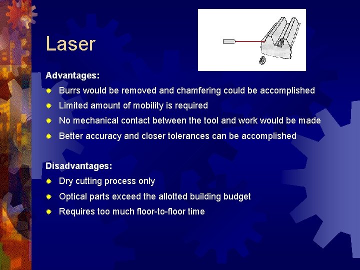 Laser Advantages: ® Burrs would be removed and chamfering could be accomplished ® Limited