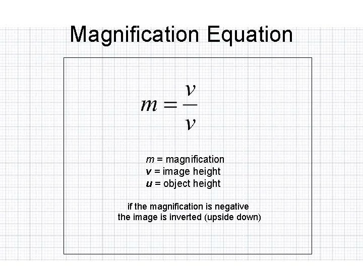 Magnification Equation m = magnification v = image height u = object height if