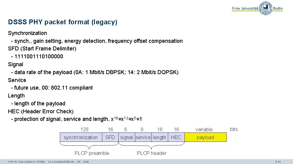 DSSS PHY packet format (legacy) Synchronization - synch. , gain setting, energy detection, frequency