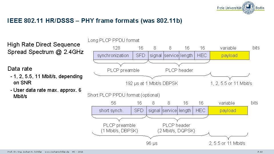 IEEE 802. 11 HR/DSSS – PHY frame formats (was 802. 11 b) High Rate