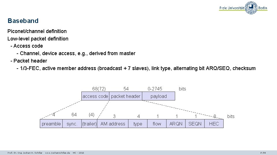 Baseband Piconet/channel definition Low-level packet definition - Access code - Channel, device access, e.