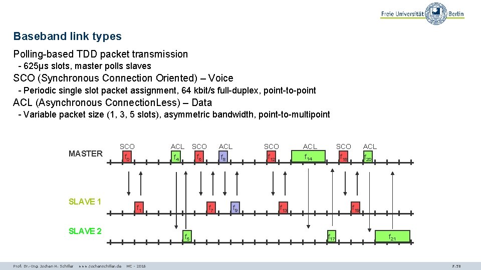 Baseband link types Polling-based TDD packet transmission - 625µs slots, master polls slaves SCO