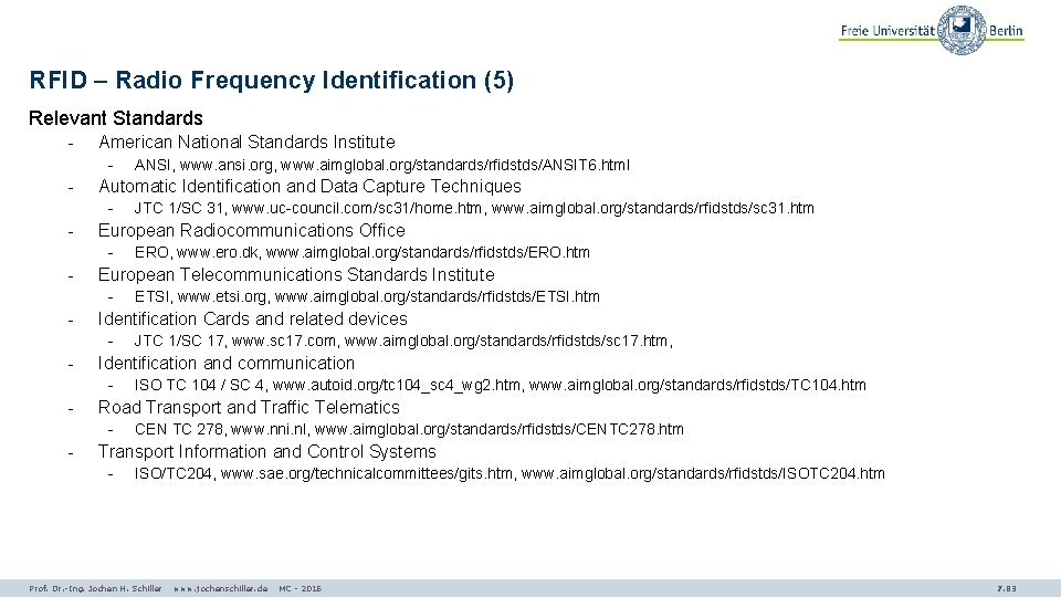 RFID – Radio Frequency Identification (5) Relevant Standards - American National Standards Institute -