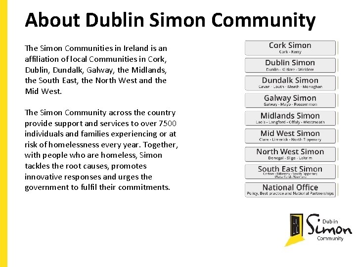 About Dublin Simon Community The Simon Communities in Ireland is an affiliation of local