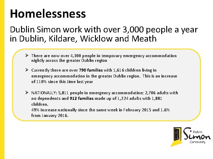 Homelessness Dublin Simon work with over 3, 000 people a year in Dublin, Kildare,