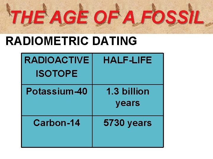 THE AGE OF A FOSSIL RADIOMETRIC DATING RADIOACTIVE ISOTOPE HALF-LIFE Potassium-40 1. 3 billion