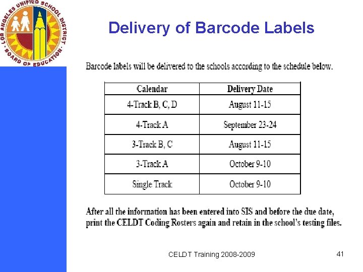 Delivery of Barcode Labels CELDT Training 2008 -2009 41 