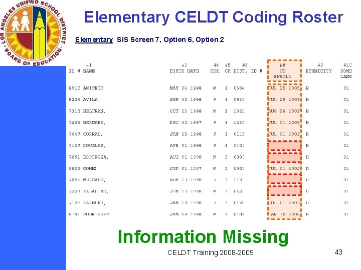 Elementary CELDT Coding Roster Elementary SIS Screen 7, Option 6, Option 2 Information Missing