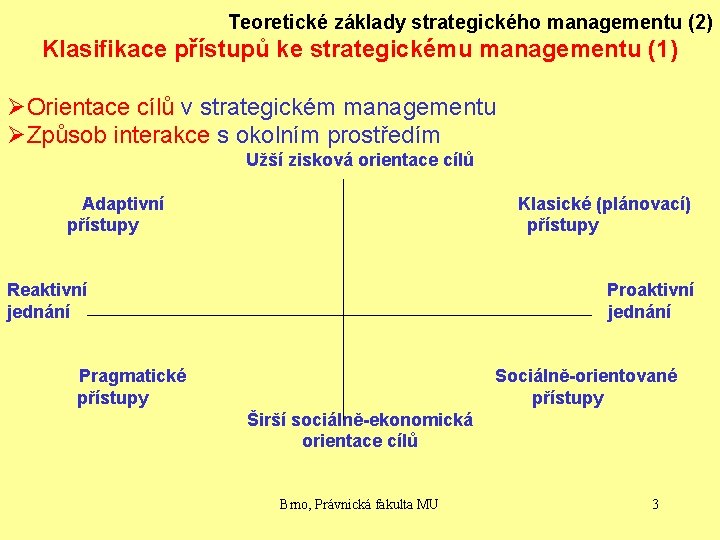 Teoretické základy strategického managementu (2) Klasifikace přístupů ke strategickému managementu (1) ØOrientace cílů v