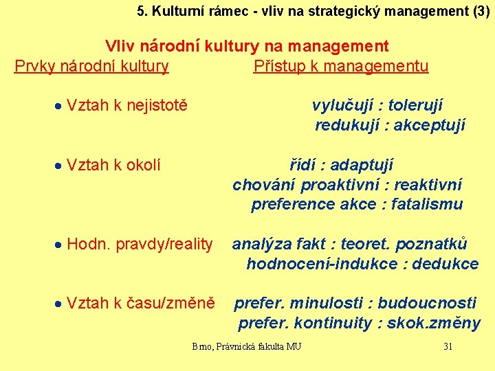 5. Kulturní rámec - vliv na strategický management (3) Vliv národní kultury na management