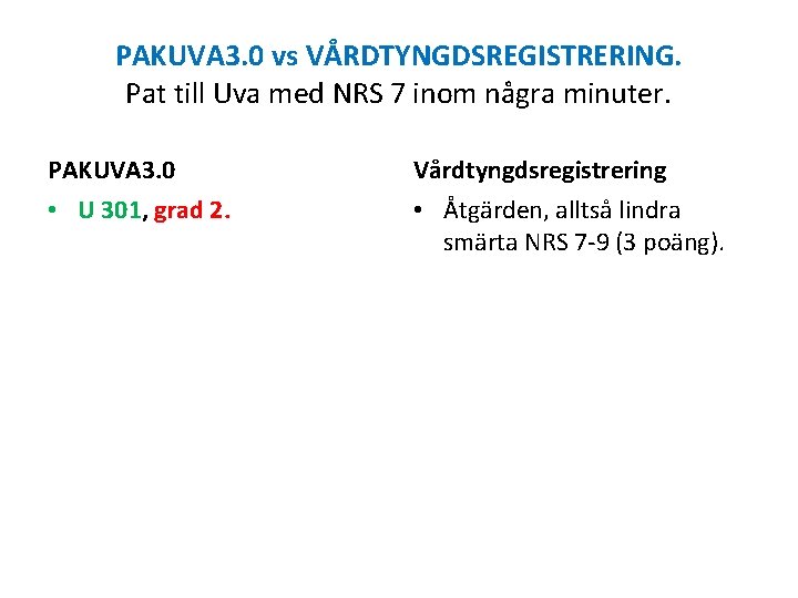 PAKUVA 3. 0 vs VÅRDTYNGDSREGISTRERING. Pat till Uva med NRS 7 inom några minuter.