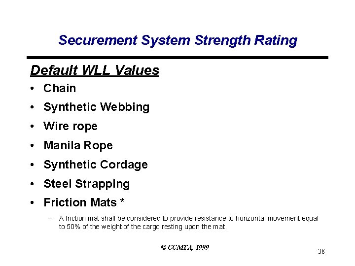 Securement System Strength Rating Default WLL Values • Chain • Synthetic Webbing • Wire