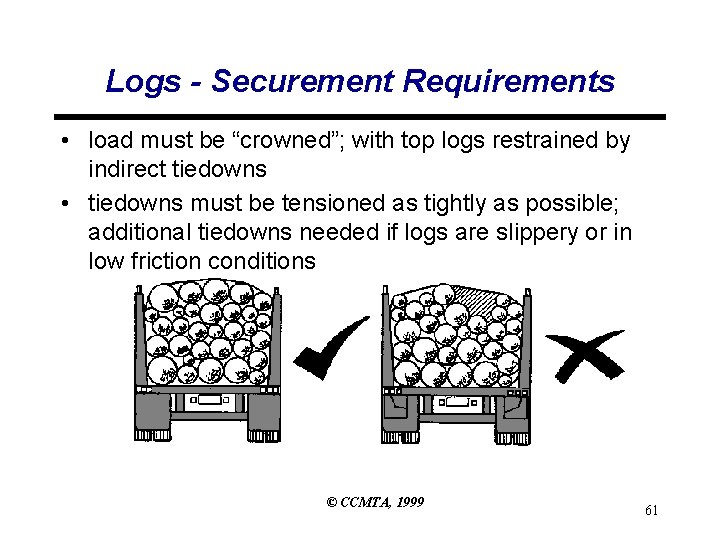 Logs - Securement Requirements • load must be “crowned”; with top logs restrained by Logs - Securement Requirements • load must be “crowned”; with top logs restrained by