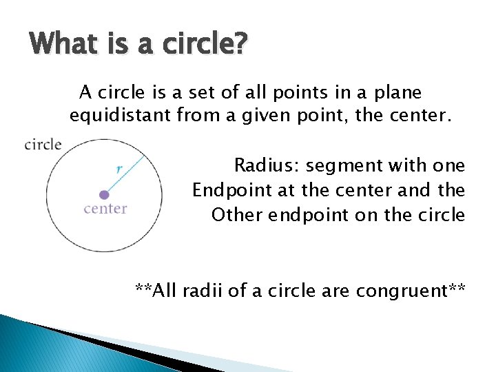 What is a circle? A circle is a set of all points in a