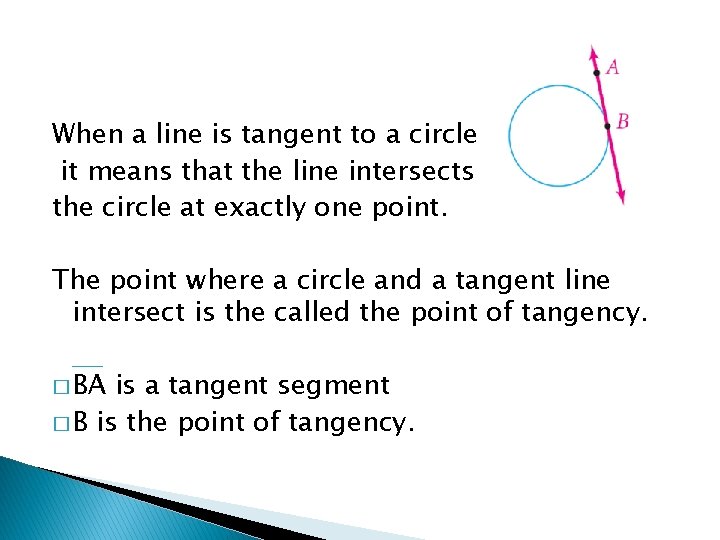 When a line is tangent to a circle it means that the line intersects