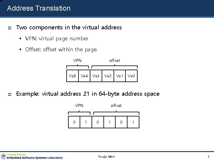 Address Translation Two components in the virtual address VPN: virtual page number Offset: offset