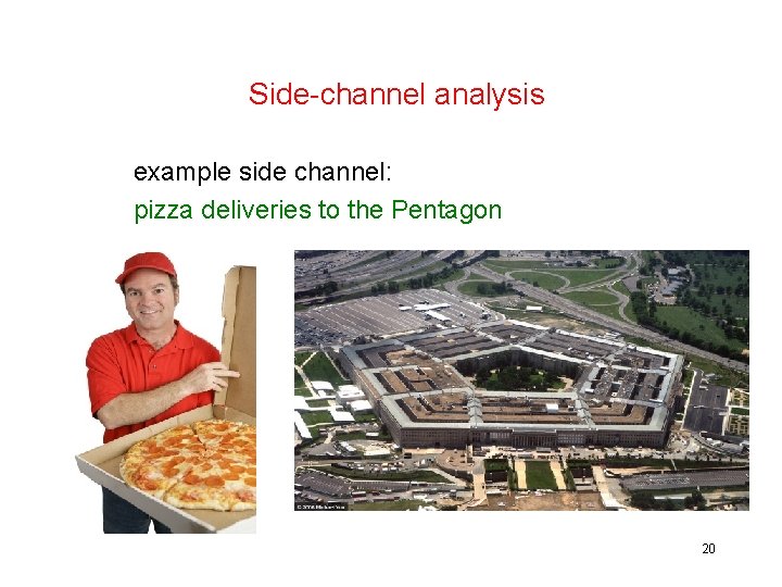 Side-channel analysis example side channel: pizza deliveries to the Pentagon 20 