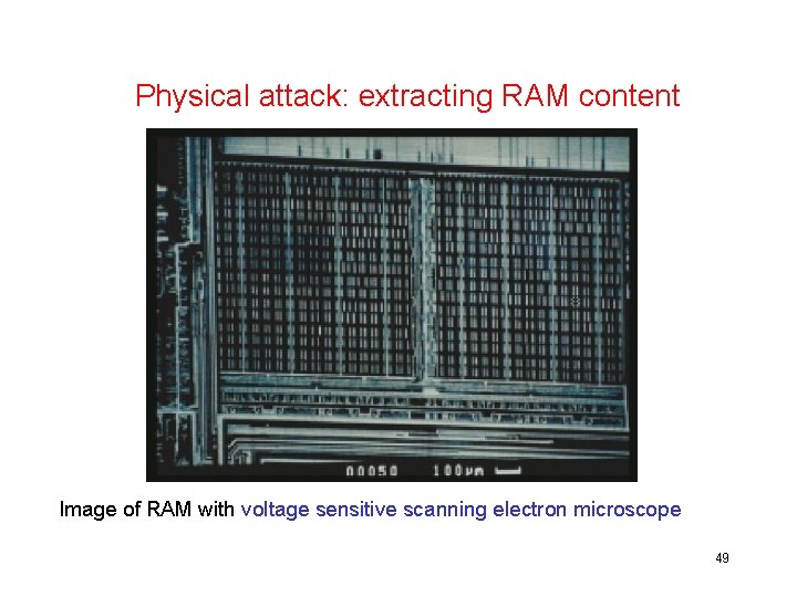 Physical attack: extracting RAM content Image of RAM with voltage sensitive scanning electron microscope