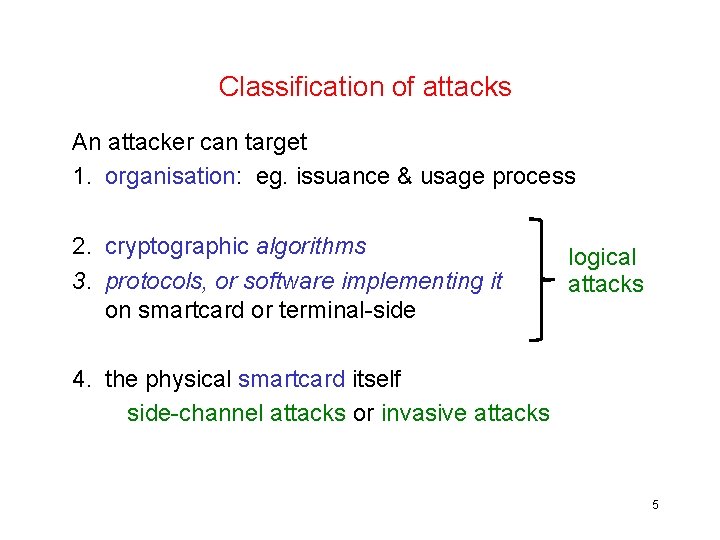 Classification of attacks An attacker can target 1. organisation: eg. issuance & usage process