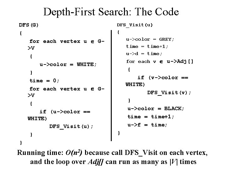 Depth-First Search: The Code DFS(G) { for each vertex u G>V { u->color =