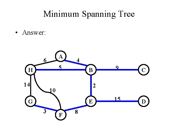 Minimum Spanning Tree • Answer: A 6 4 5 H 14 B C 15