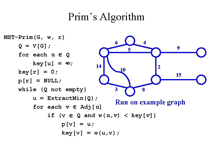 Prim’s Algorithm MST-Prim(G, w, r) 6 4 Q = V[G]; 5 for each u