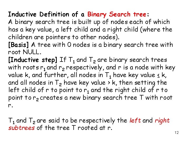 Inductive Definition of a Binary Search tree: A binary search tree is built up