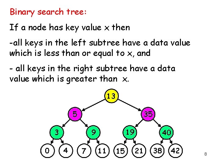 Binary search tree: If a node has key value x then -all keys in