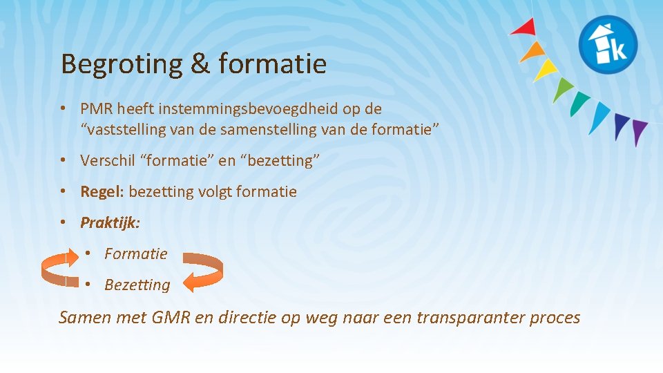 Begroting & formatie • PMR heeft instemmingsbevoegdheid op de “vaststelling van de samenstelling van