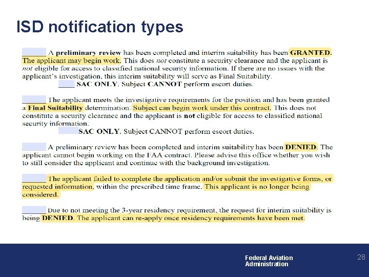 ISD notification types Federal Aviation Administration 28 