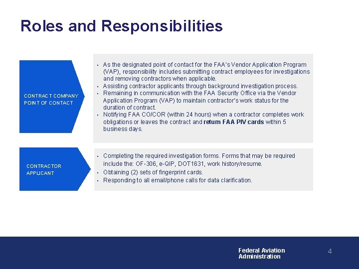 Roles and Responsibilities § § CONTRACT COMPANY POINT OF CONTACT § § § CONTRACTOR