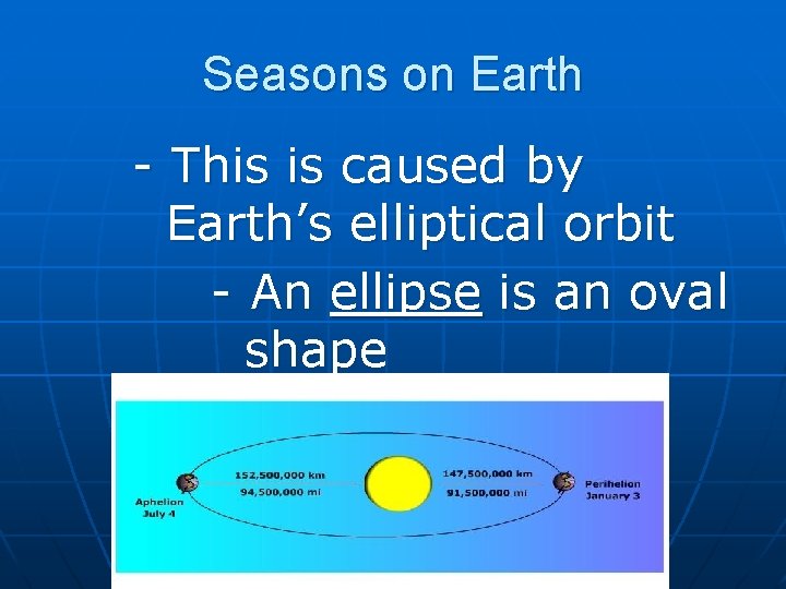 Seasons on Earth - This is caused by Earth’s elliptical orbit - An ellipse