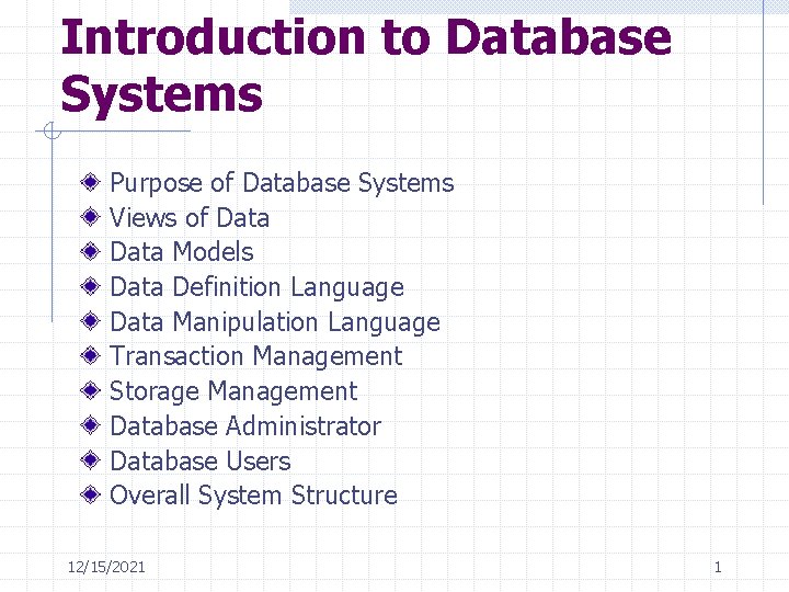 Introduction to Database Systems Purpose of Database Systems Views of Data Models Data Definition