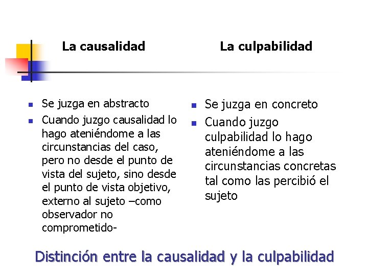 La causalidad n n Se juzga en abstracto Cuando juzgo causalidad lo hago ateniéndome