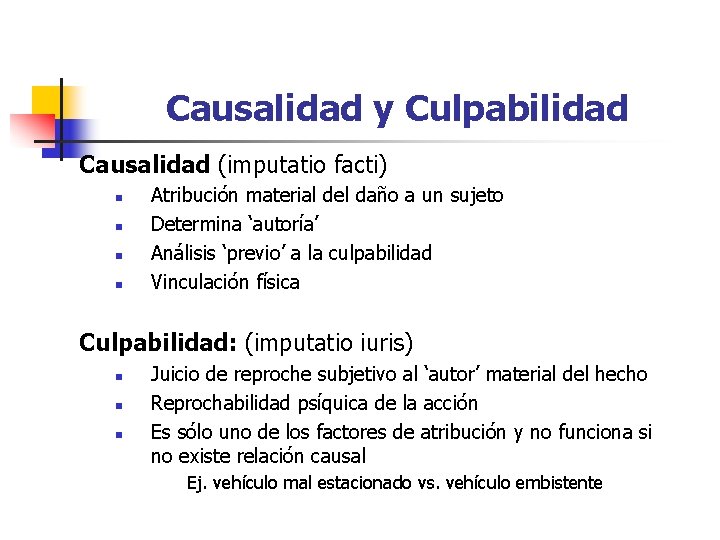 Causalidad y Culpabilidad Causalidad (imputatio facti) n n Atribución material del daño a un