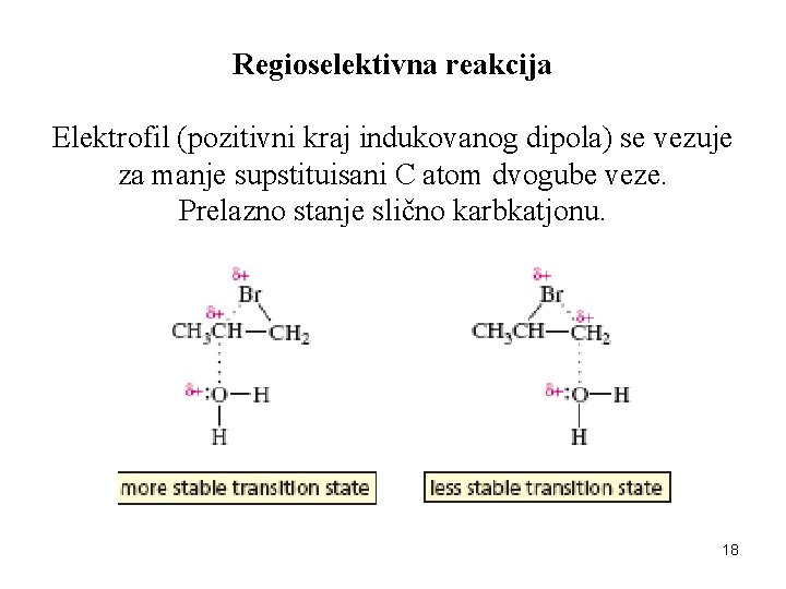 Regioselektivna reakcija Elektrofil (pozitivni kraj indukovanog dipola) se vezuje za manje supstituisani C atom