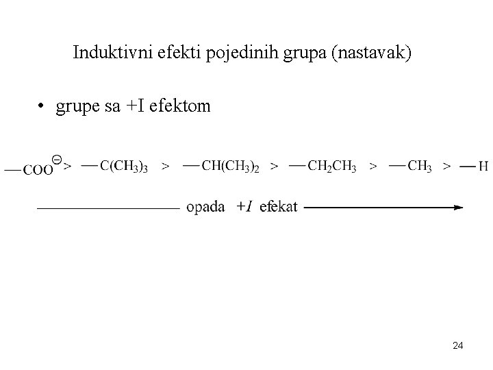 Induktivni efekti pojedinih grupa (nastavak) • grupe sa +I efektom 24 