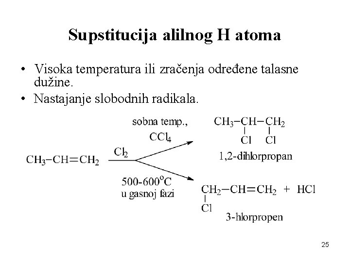 Supstitucija alilnog H atoma • Visoka temperatura ili zračenja određene talasne dužine. • Nastajanje