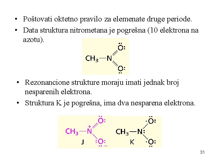  • Poštovati oktetno pravilo za elemenate druge periode. • Data struktura nitrometana je