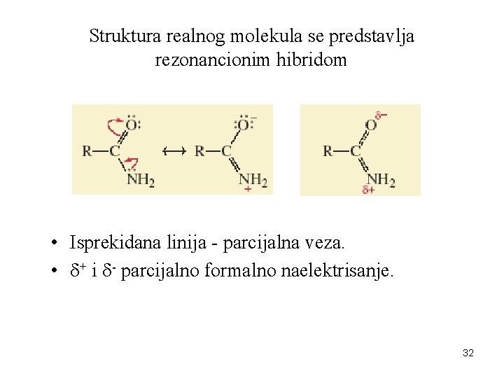 Struktura realnog molekula se predstavlja rezonancionim hibridom • Isprekidana linija - parcijalna veza. •