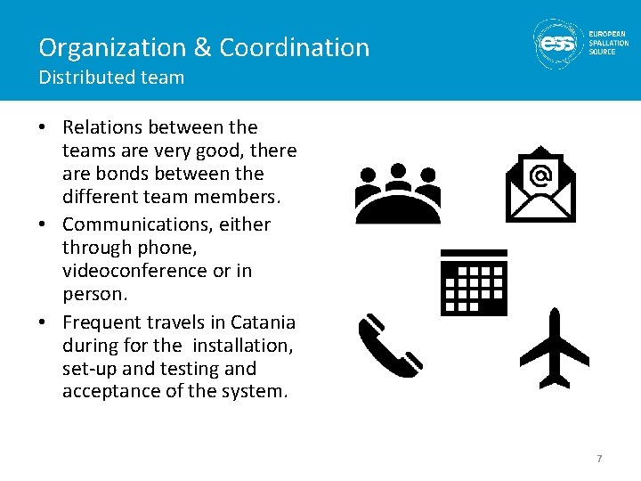 Organization & Coordination Distributed team • Relations between the teams are very good, there