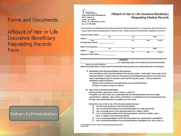 Forms and Documents: Affidavit of Heir or Life Insurance Beneficiary Requesting Records Form Return